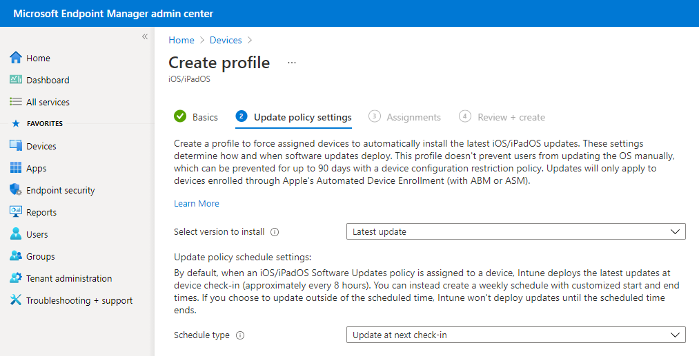 Screenshot that shows sample software update policy settings in Microsoft Intune.