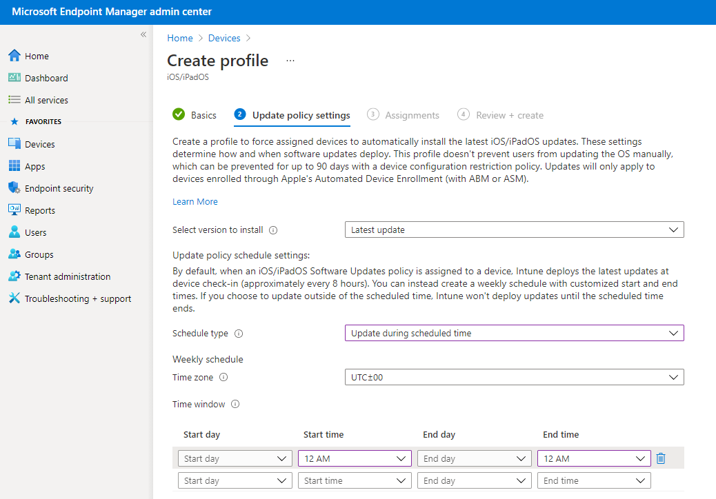 Screenshot that shows selecting to install an update during scheduled time in an update policy in Microsoft Intune.