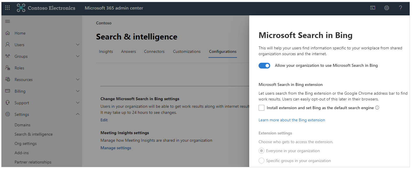 Screenshot der Microsoft 365 Admin Center-Einstellungen zum Konfigurieren von Microsoft Search in Bing, einschließlich Erweiterungseinstellungen und Konfigurationen von Suchergebnissen.