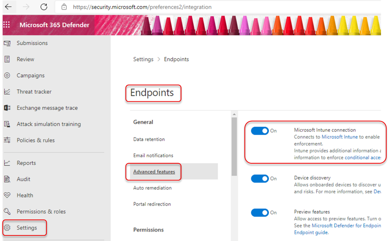 Der Abschnitt Erweiterte Features im Microsoft Defender-Portal.