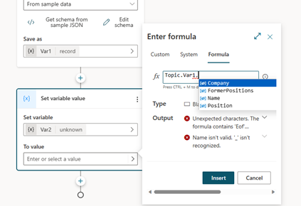 Screenshot, der den Zugriff auf vollständiges IntelliSense für verschiedene Eigenschaften über den Power Fx Editor zeigt.