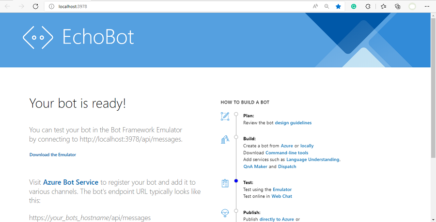 Screenshot: Webseite mit der Meldung, dass Ihr Bot bereit ist