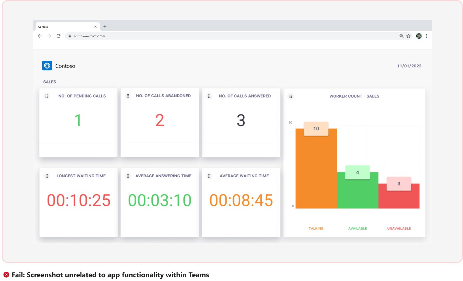 Screenshot: Fehlerhaftes Szenario mit nicht verknüpfter App-Funktionalität in Teams