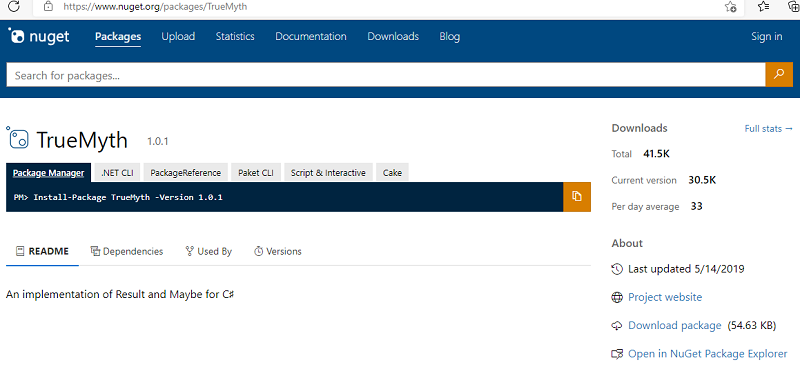 Screenshot der NuGet-Webseite mit den Details des NuGet-Pakets.