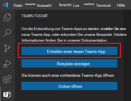 Ort des Links „Neues Projekt erstellen“ in der Randleiste des Microsoft Teams-Toolkits.