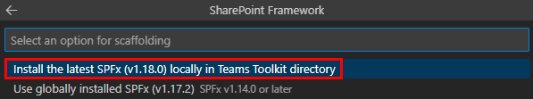 Screenshot mit den neuesten Optionen zum Installieren von spfx
