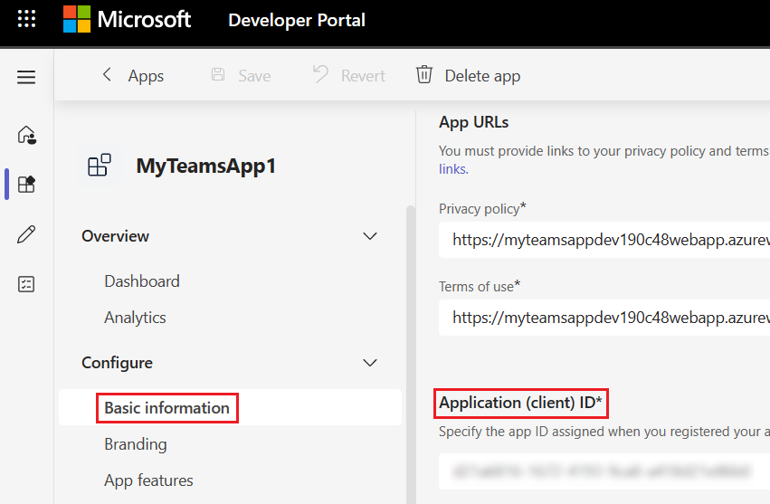 Screenshot: Grundlegende Informationen zur App im Teams-Entwicklerportal