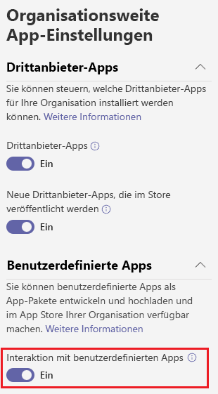 Screenshot: Aktivieren der benutzerdefinierten App-Uploadoption im Teams Admin Center