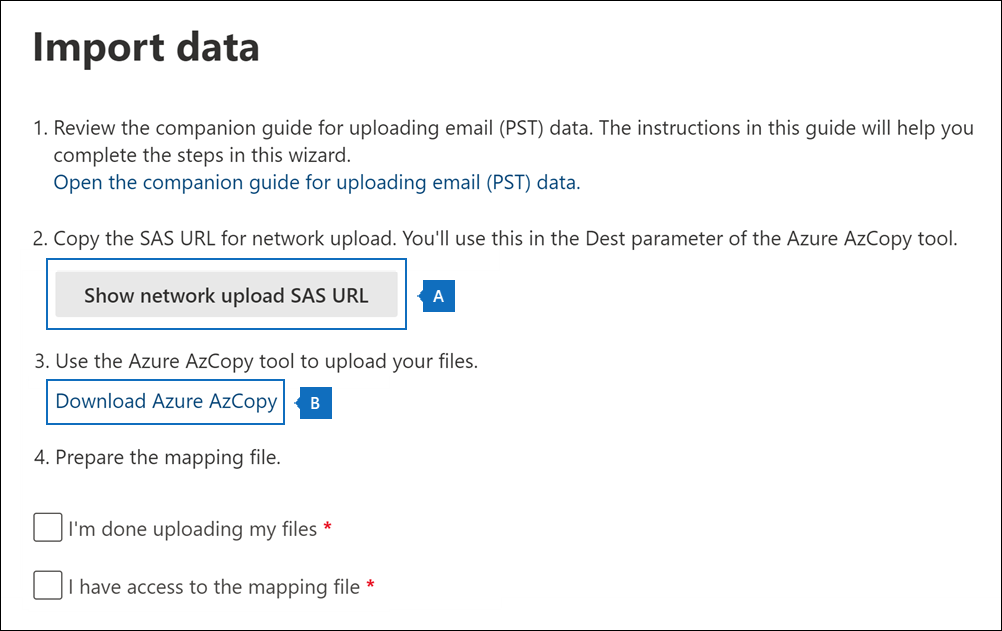 Kopieren der SAS-URL und Herunterladen des AzCopy-Tools auf der Seite „Daten importieren“.
