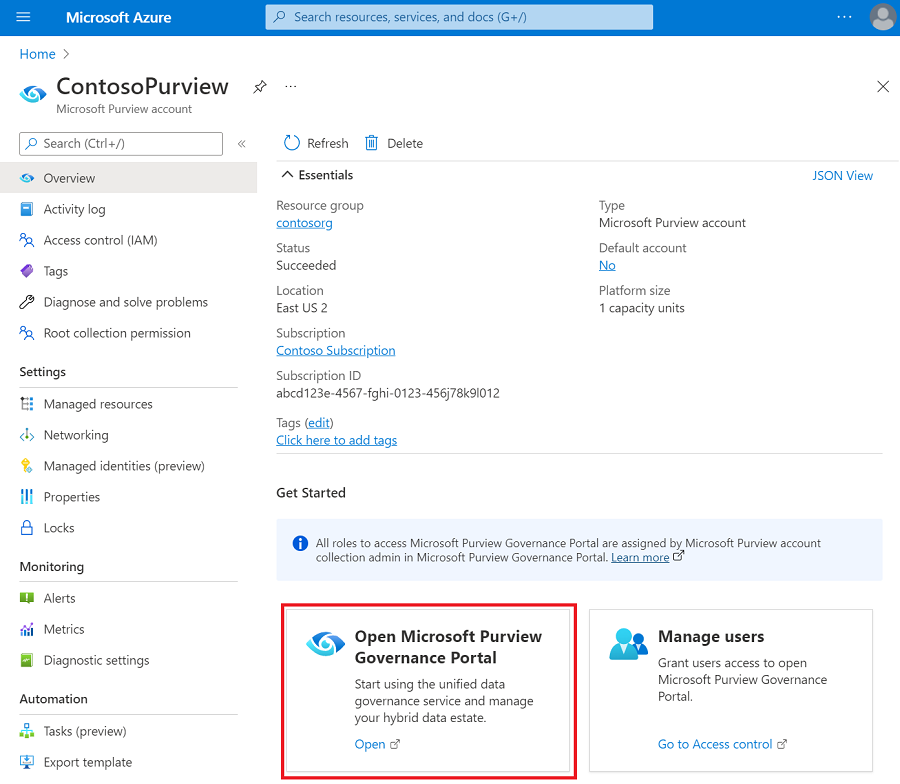 Screenshot: Microsoft Purview-Konto in Azure-Portal mit hervorgehobener Schaltfläche des Microsoft Purview-Governanceportals