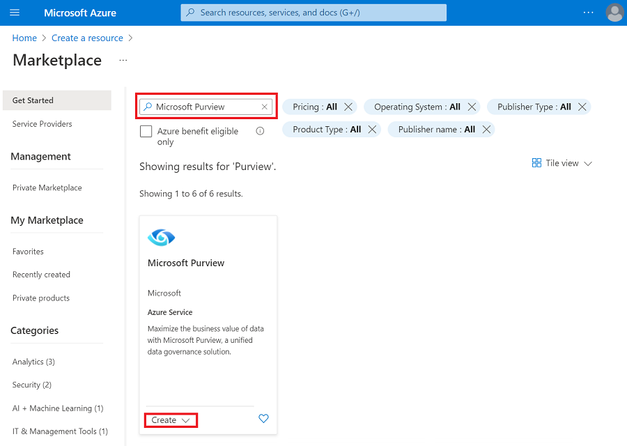 Screenshot: Microsoft Purview im Azure Marketplace mit hervorgehobener Schaltfläche 