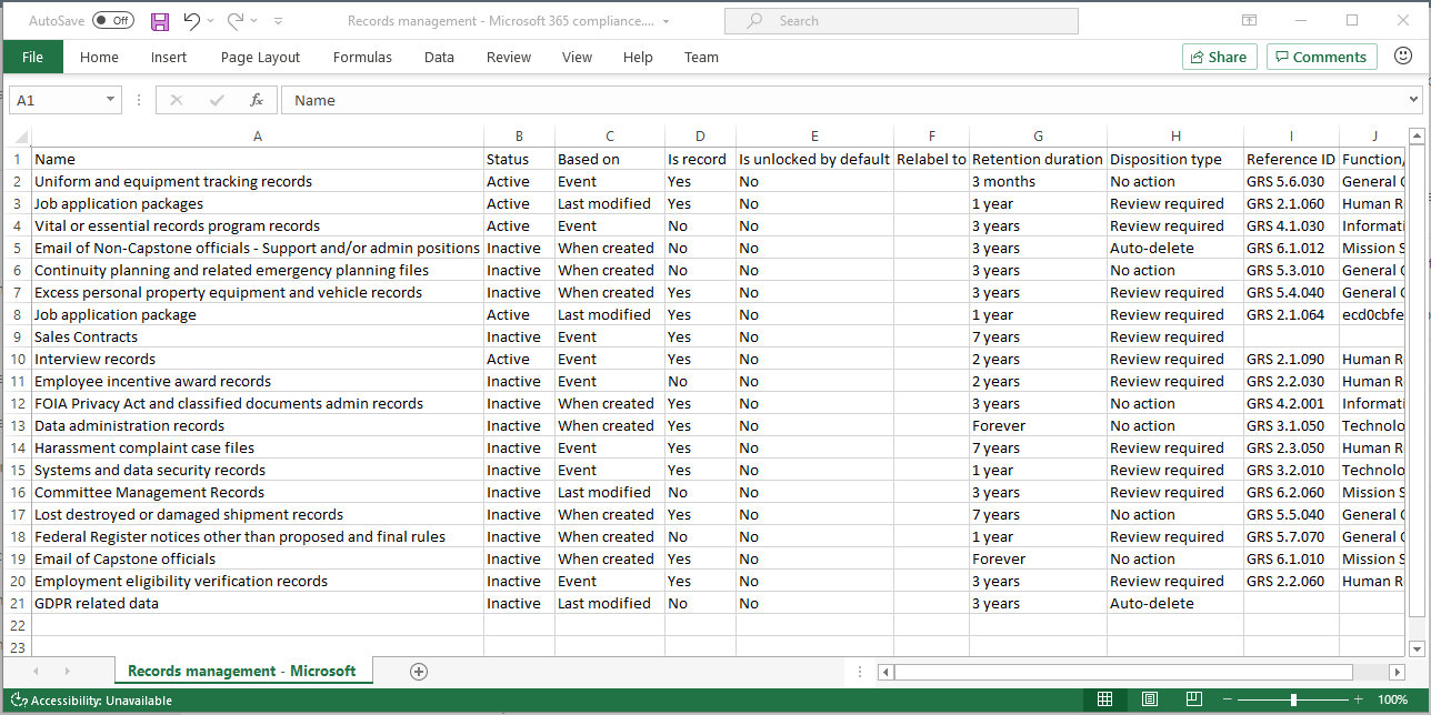 CSV-Datei mit allen Aufbewahrungsbezeichnungen.