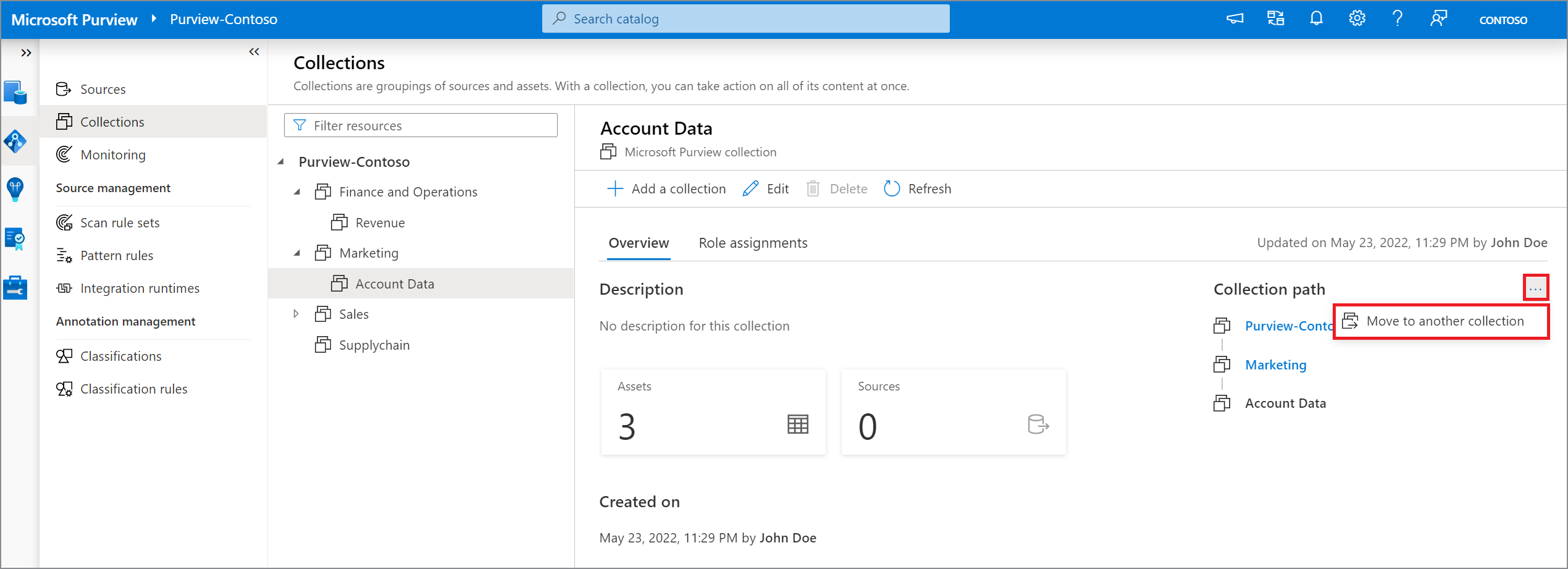 Screenshot des Microsoft Purview-Governanceportalfensters zum Verschieben einer Sammlung, Öffnen zum Sammlungsfenster, Auslassungspunkte und Hervorgehobener Wechsel zu einer anderen Sammlung