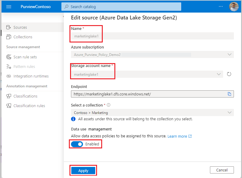 Screenshot zeigt, wie eine Datenquelle für eine Richtlinie registriert wird, wobei die Option Datennutzungsverwaltung festgelegt ist, um die Option zu aktivieren