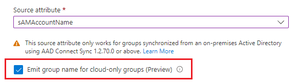 Screenshot: Konfiguration zum Ausgeben eines lokalen Gruppenattributs für synchronisierte Gruppen und eines Anzeigenamens für Cloudgruppen