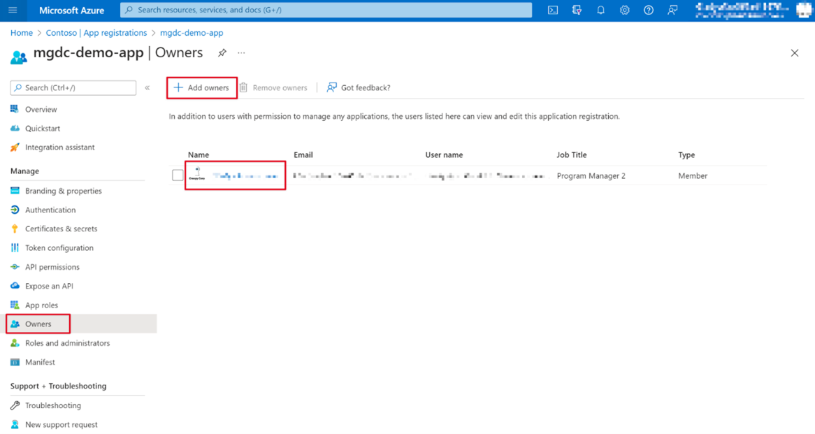 Screenshot eines Benutzers, der als Besitzer für die Anwendungsregistrierung im Azure-Portal festgelegt ist.