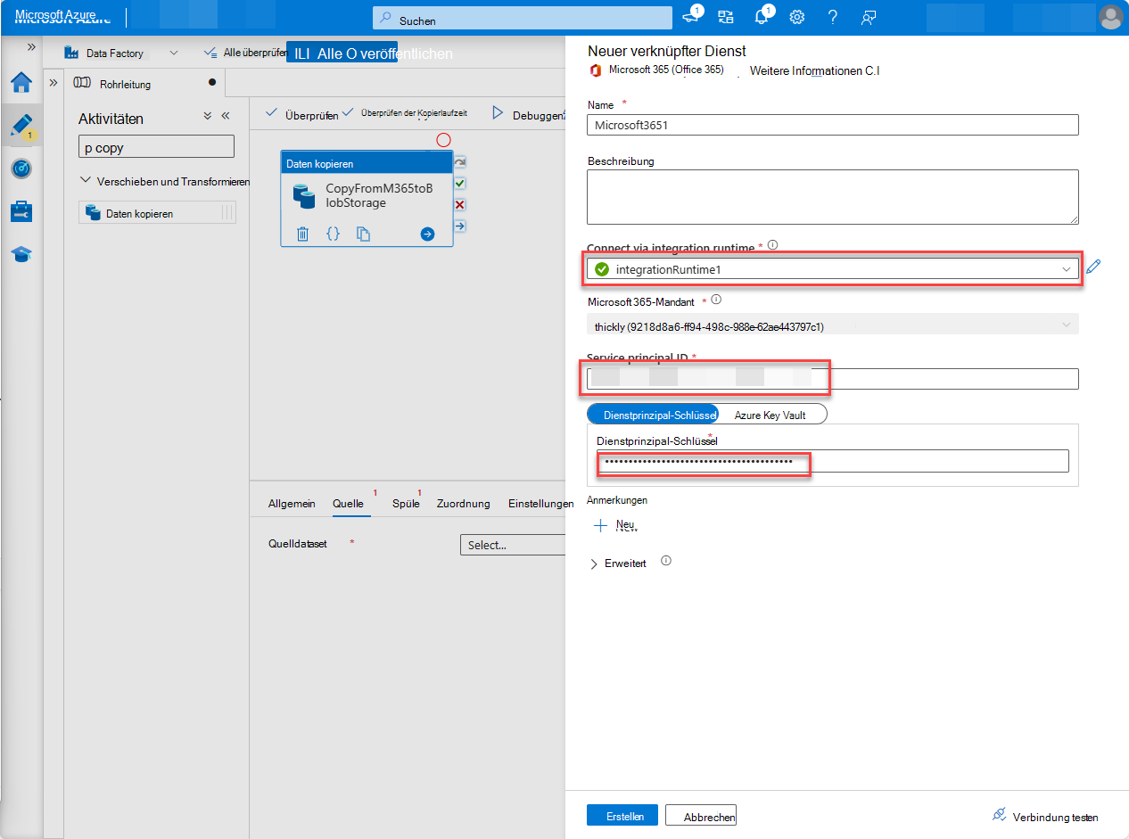 Screenshot: Seite des Azure-Portal Data Factory-Diensts mit konfiguriertem Dienstprinzipalschlüssel