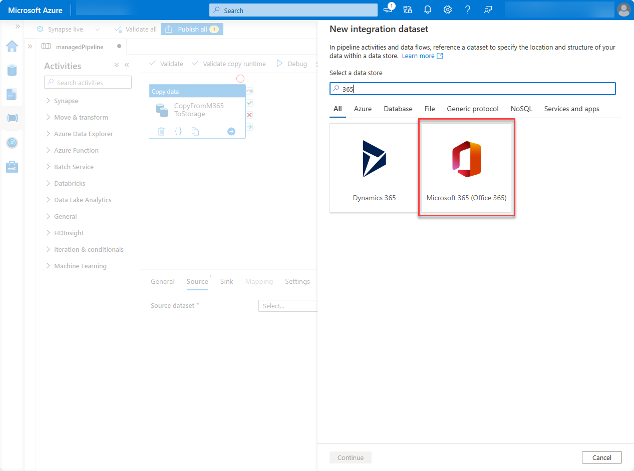 Screenshot: Seite des Azure-Portal Data Factory-Diensts mit hervorgehobener Option 