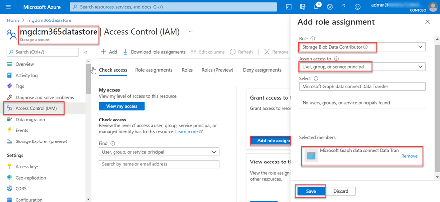 Screenshot: Ordnungsgemäße Rollenzuweisung zur Anwendung für Microsoft Graph Data Connect im Azure Storage-Konto im Azure-Portal