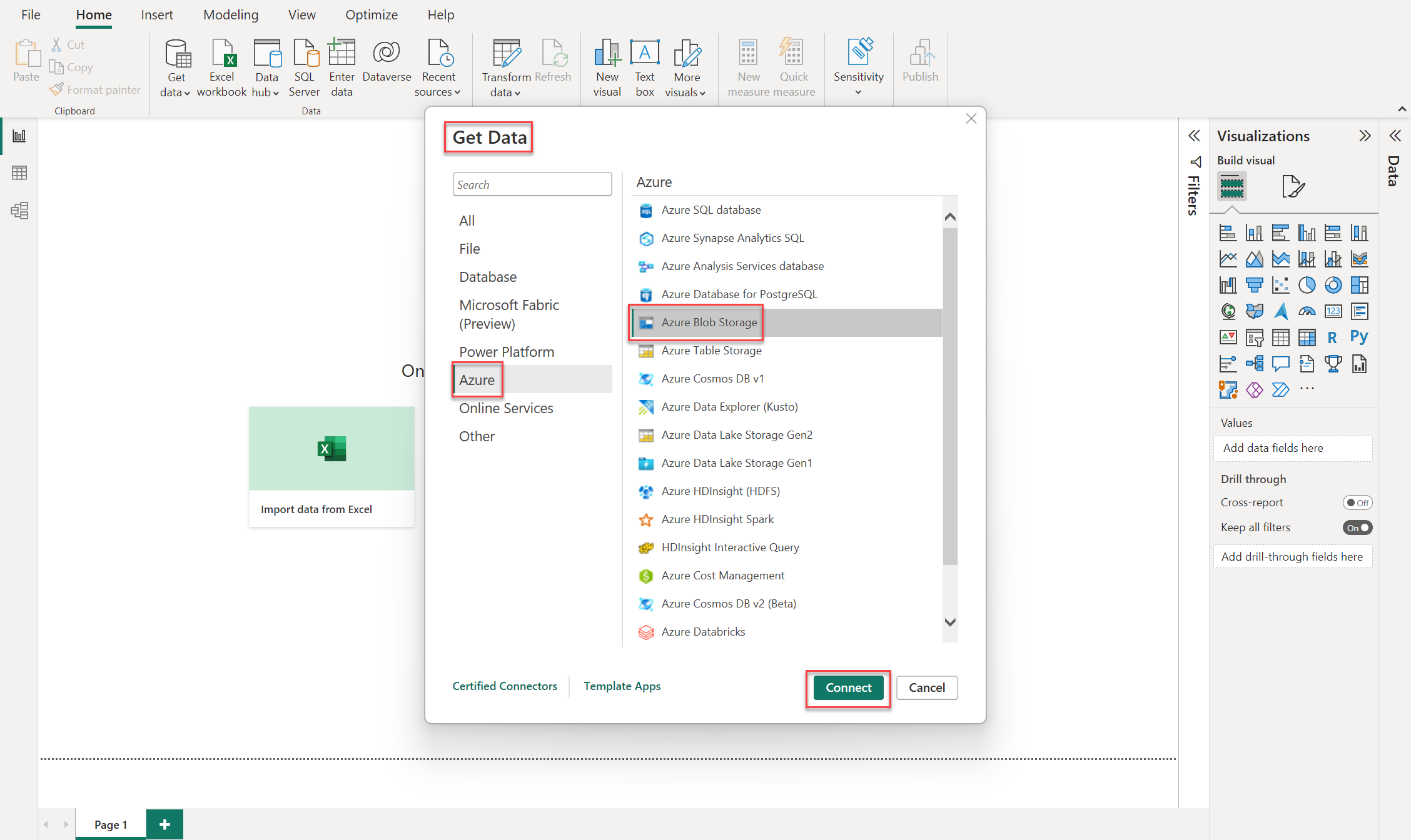 Screenshot: Herstellen einer Verbindung zum Abrufen von Daten aus einem Azure Blob Storage in Power BI