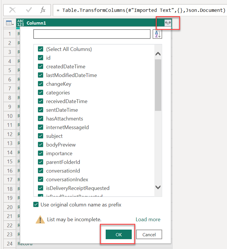 Screenshot: Laden aller Spalten in Power BI