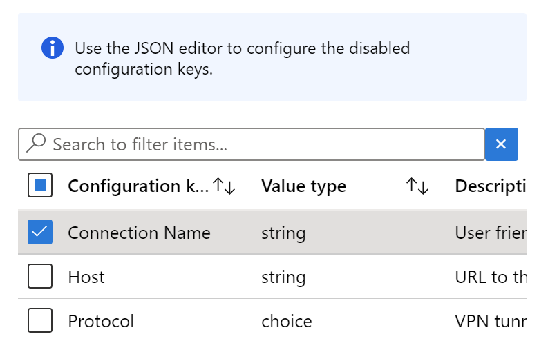 Wählen Sie im Konfigurations-Designer einen beliebigen Schlüssel mit einem Zeichenfolgenwerttyp in der Microsoft Intune-VPN-App-Konfigurationsrichtlinie aus.