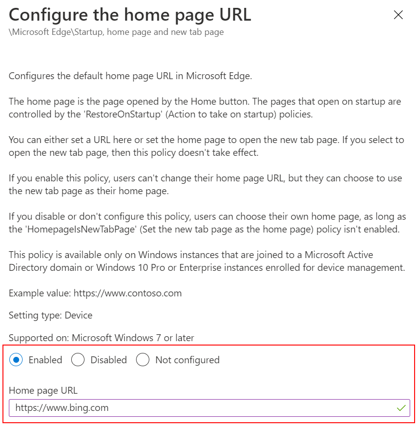 Screenshot: Festlegen der URL der Microsoft Edge-Startseite auf eine Website mithilfe von ADMX-Vorlagen in Microsoft Intune und Intune Admin Center