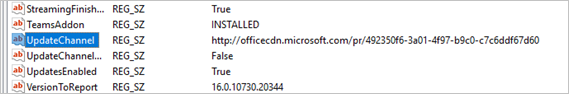 Beispiel des Registrierungsschlüssels der administrativen Office-Vorlage „UpdateChannel“