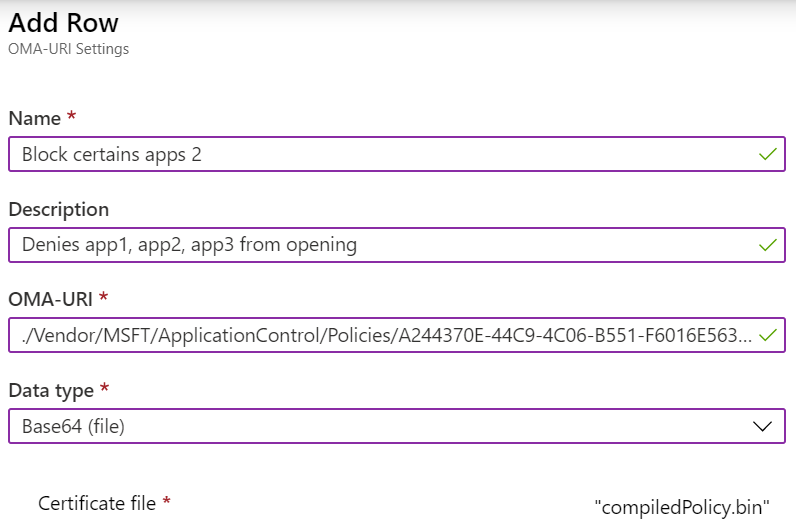 Fügen Sie einen benutzerdefinierten OMA-URI hinzu, um den ApplicationControl-CSP in Microsoft Intune zu konfigurieren.