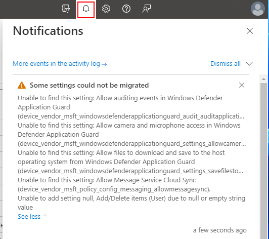 Screenshot, der Benachrichtigungen mit zusätzlichen Informationen zeigt, wenn die Richtlinie in Microsoft Intune erstellt wird.