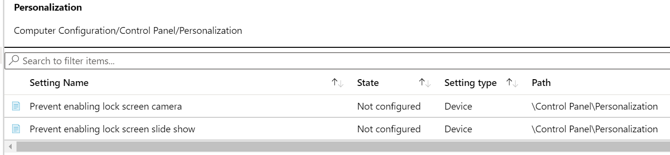 Screenshot: Einstellungspfad für Personalisierungsrichtlinien in Microsoft Intune