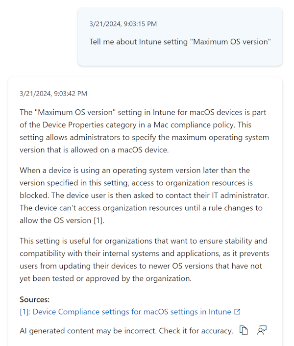 Screenshot that shows more information about a setting when you select the Copilot tooltip in a compliance policy in Microsoft Intune admin center.