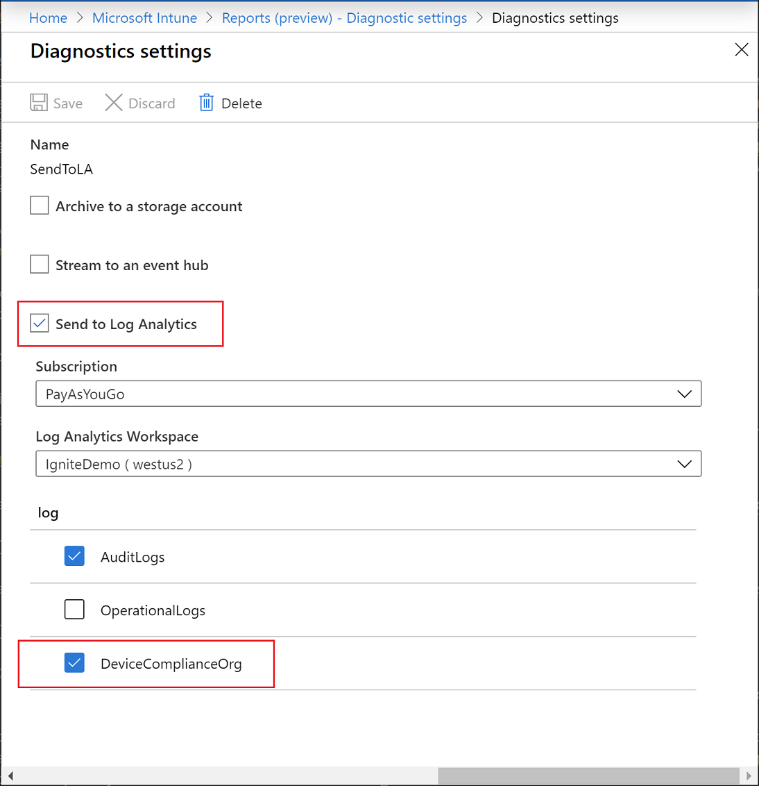 Intune-Berichte: Diagnoseeinstellungen