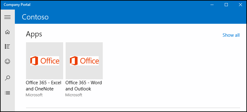 Die Unternehmensportal-App für Windows zeigt zwei Versionen von Office nebeneinander an.