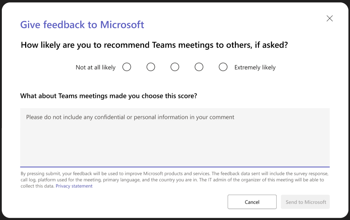Screenshot einer Umfrage, die anonyme Besprechungsteilnehmer erhalten, um Feedback zu ihrer Teams-Besprechungserfahrung zu geben.