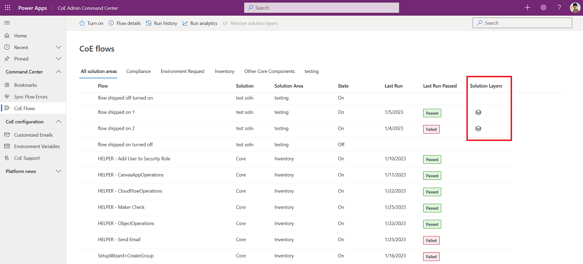 Nicht verwaltete Ebenen in Flows in der „Administrator Command-Center“-App erkennen Screenshot mit dem Ebenensymbol in der „Administrator Command-Center“-App