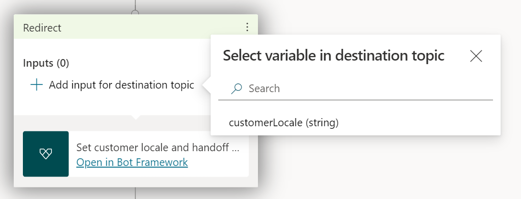 Fügen Sie einem Knoten in Microsoft Copilot Studio eine Aktion „Kundengebietsschema und die Übergabe auf Omnichannel for Customer Service einstellen“ hinzu.