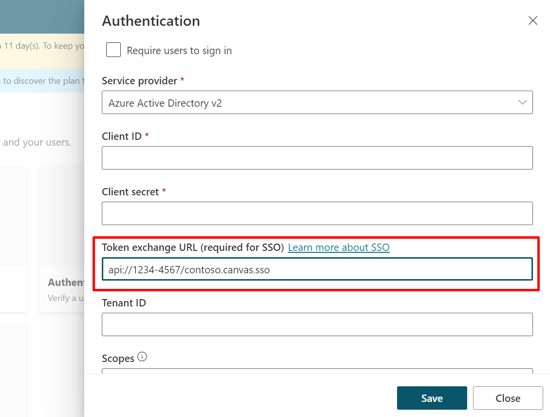 Screenshot mit der Registerkarte „Authentifizierung“ mit Speicherort für die API.