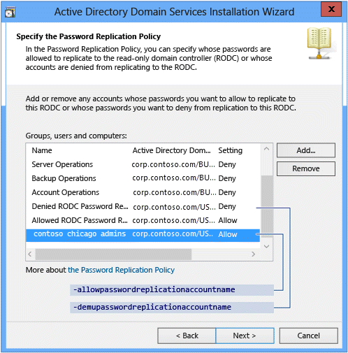 Screenshot of the Specify the Password Replication policy page of the Azure Directory Domain Services Installation Wizard.