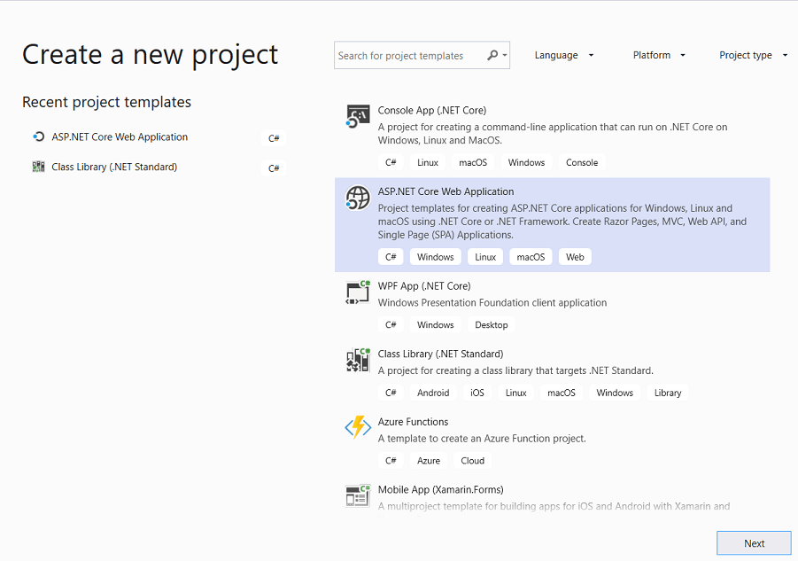 Erstellen eines neuen Projekts für eine ASP.NET Core-Webanwendung