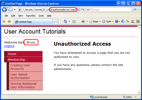 Authentifizierte, nicht autorisierte Benutzer werden an UnauthorizedAccess.aspx umgeleitet.
