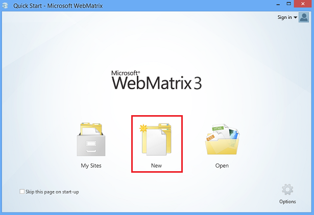 WebMatrix-Startbildschirm