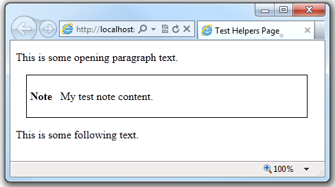 Screenshot der Seite im Browser und wie das Hilfsprogramm Markup generiert hat, das ein Feld um den angegebenen Text herum platziert.