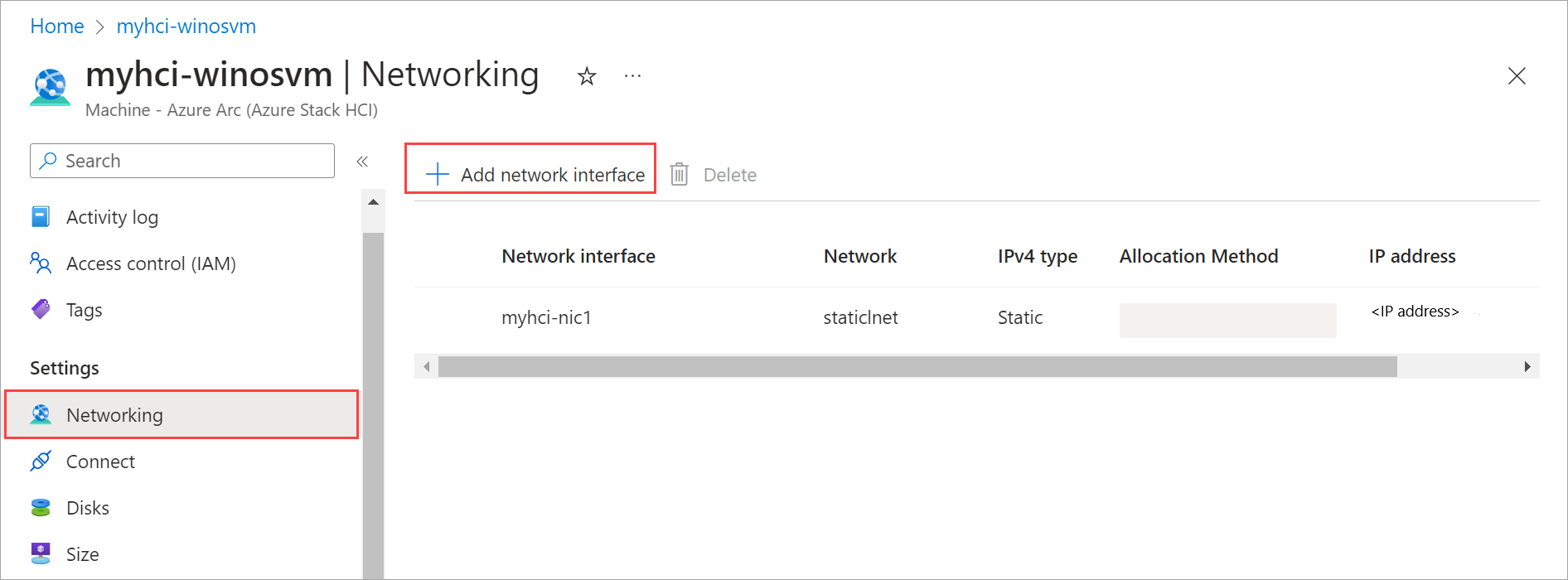 Screenshot der Option + Netzwerkschnittstelle hinzufügen, die auf der Seite Netzwerk für einen virtuellen Computer ausgewählt ist.