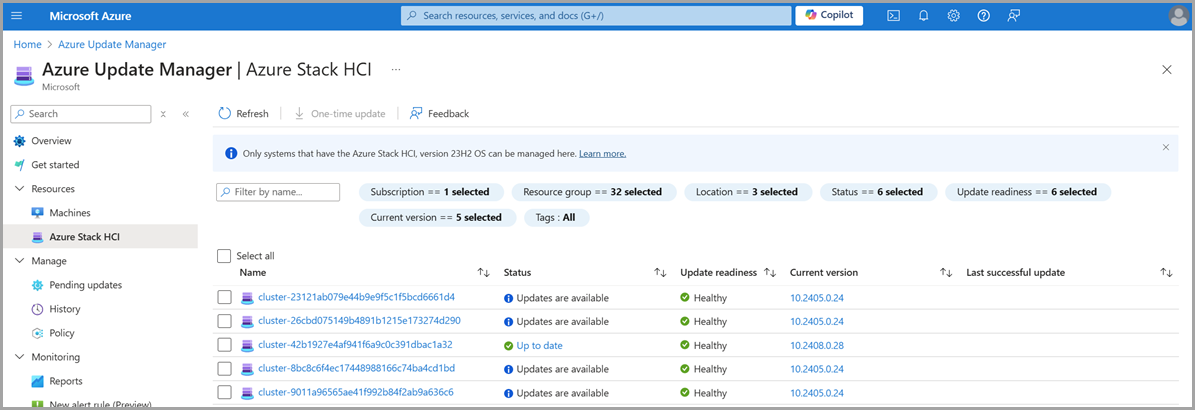 Screenshot: Suche nach Clusterupdates in Azure Update Manager
