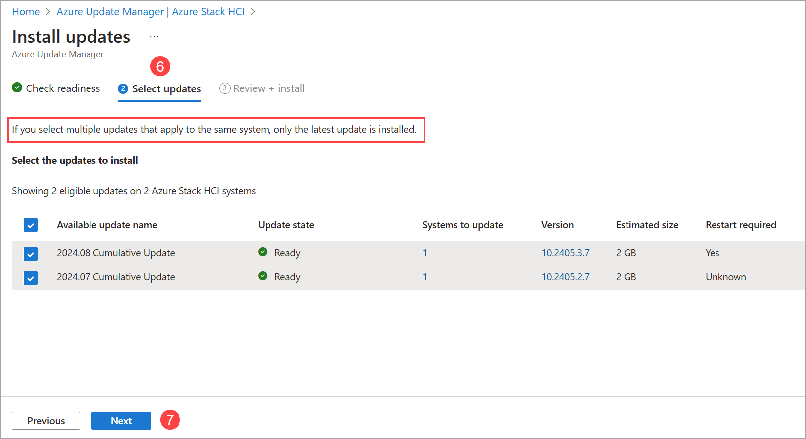Screenshot: Angeben von Clusterupdates in Azure Update Manager