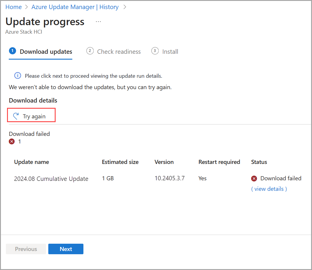 Screenshot: Wiederholung eines fehlgeschlagenen Updates