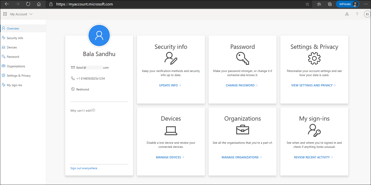 „Mein Konto“ mit registrierten Sicherheitsinformationen für einen Benutzer