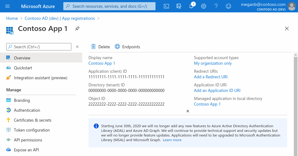 Screenshot of the Microsoft Entra admin center in a web browser, showing an app registration's Overview pane.