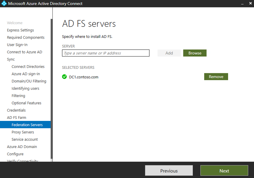 Screenshot that shows where to select your AD FS server.